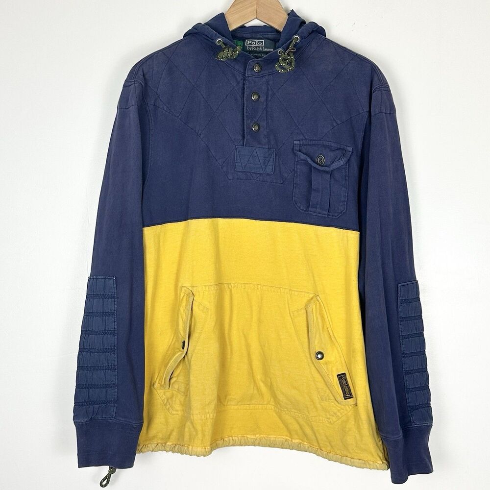 Vintage Polo Ralph Lauren Quilted Rugby Pullover Navy Yellow Mens L Preppy Read